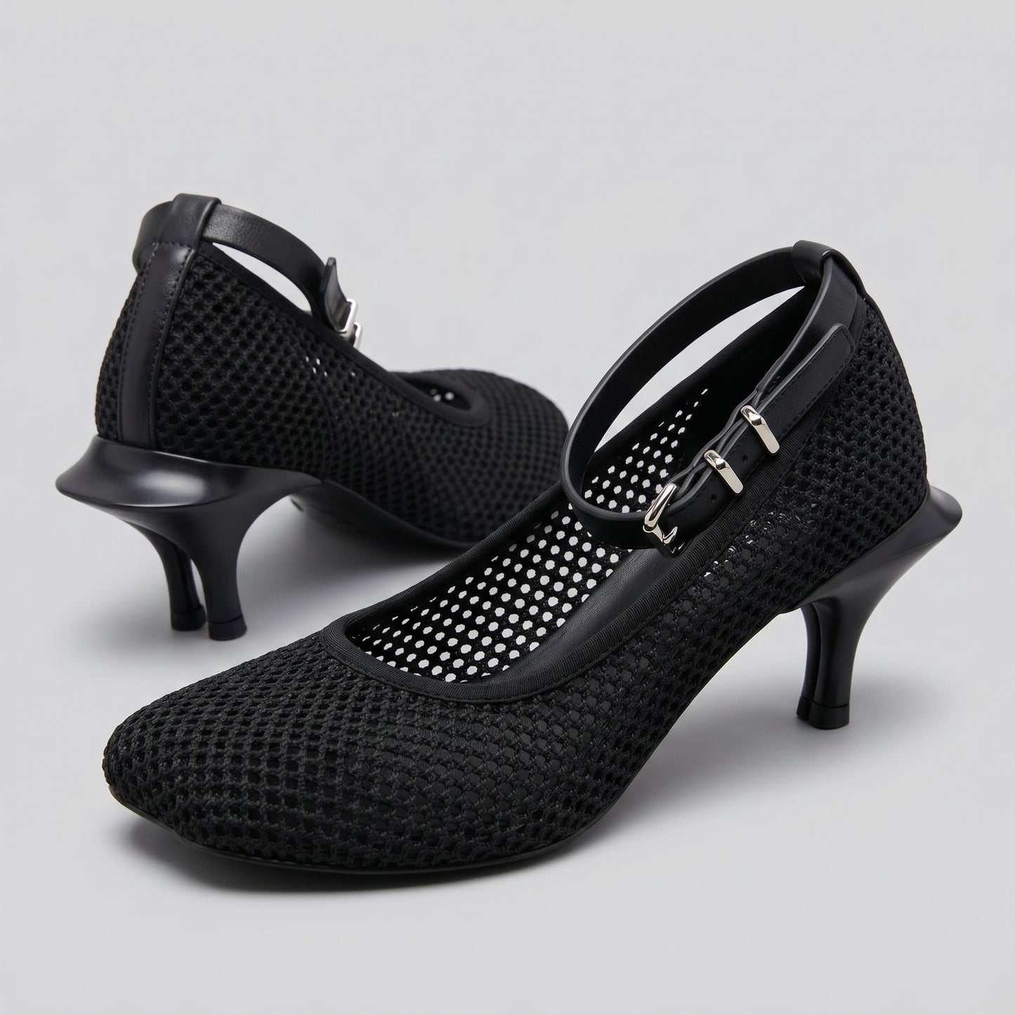 Structured Mesh Ankle Strap Heels