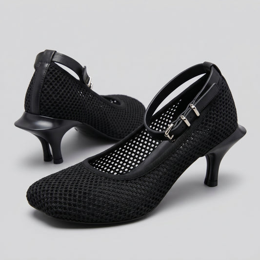 Structured Mesh Ankle Strap Heels