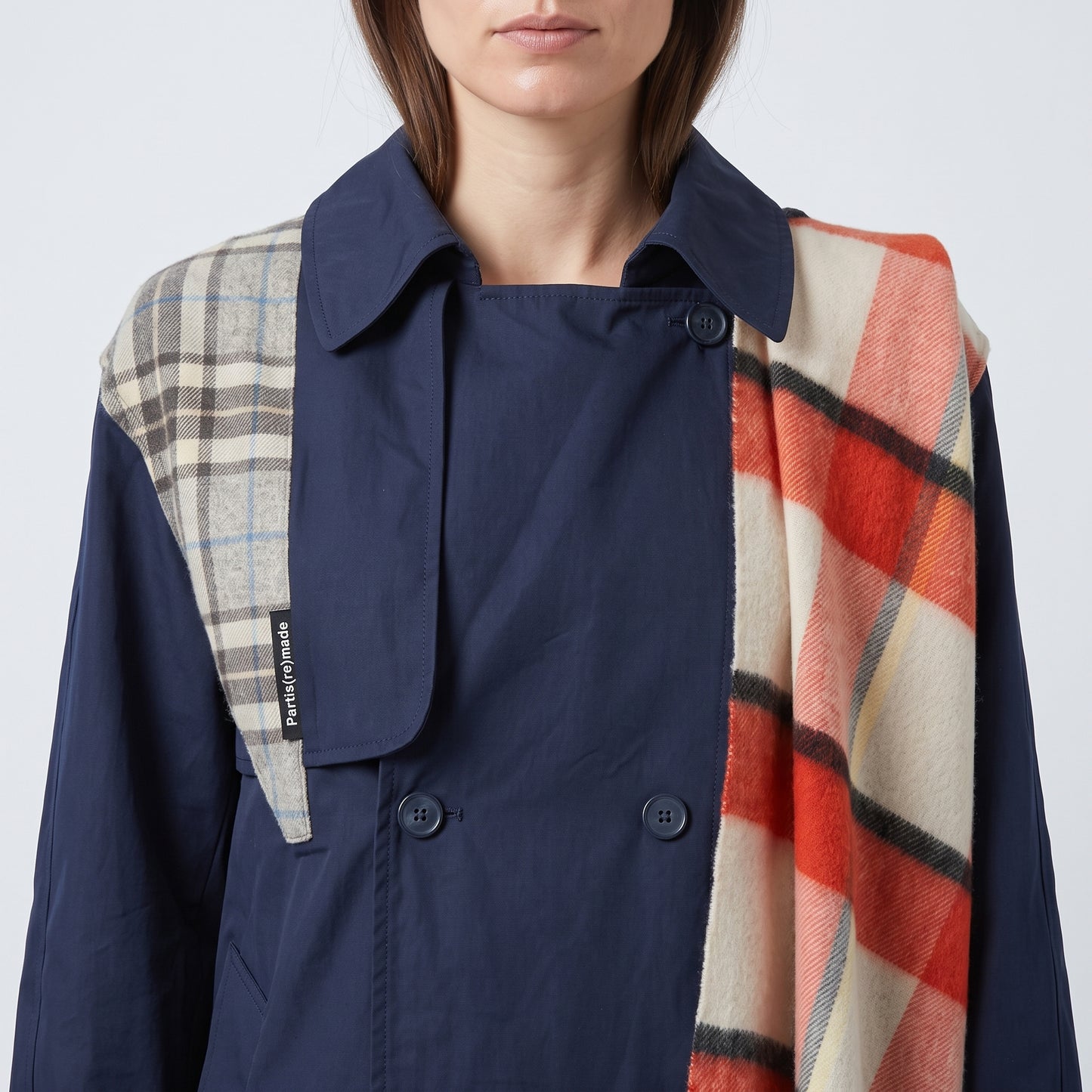 Plaid Accent Double-Breasted Coat