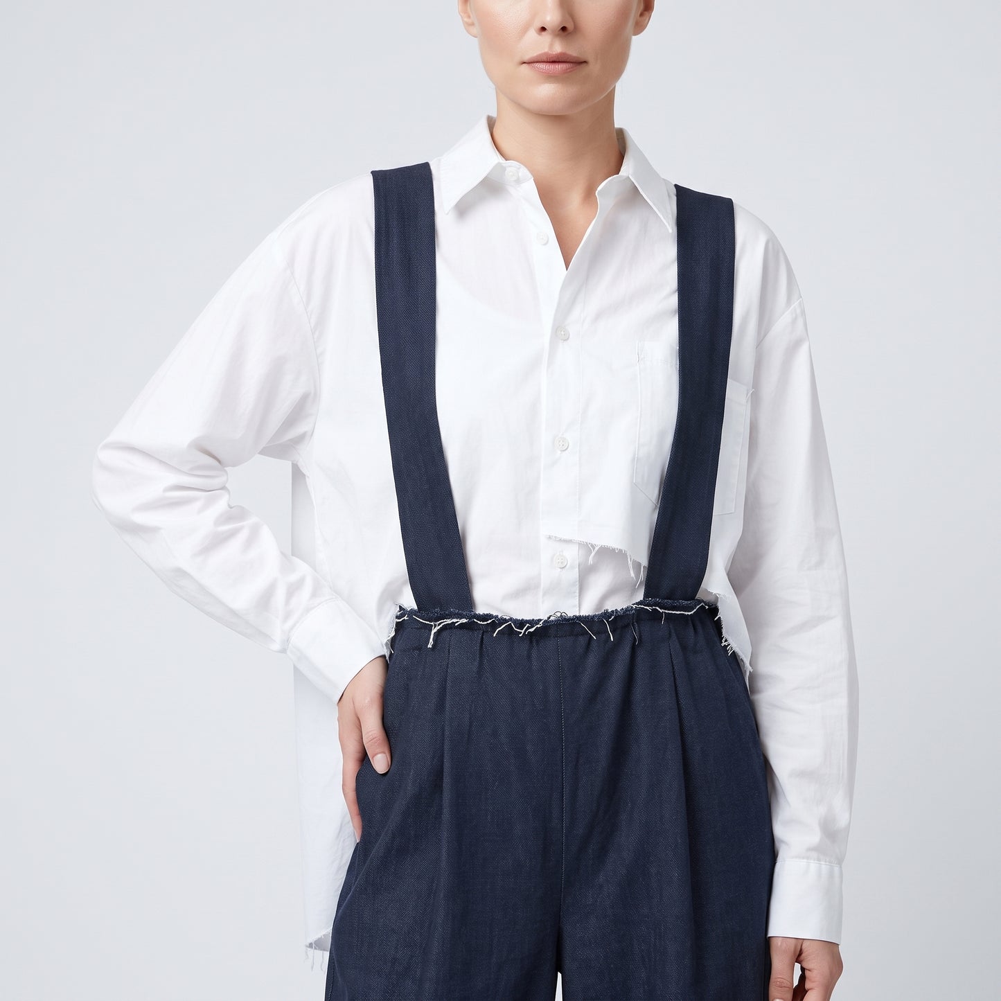 Navy Blue Cotton Suspender Trousers