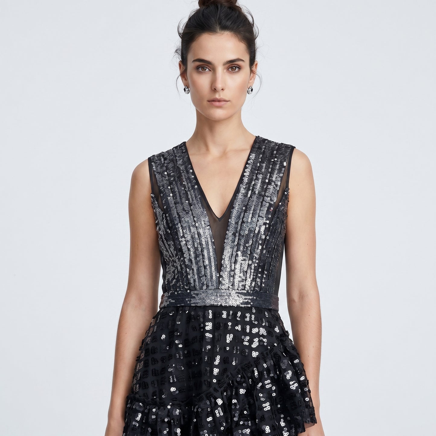 Sequined Tiered V-Neck Dress