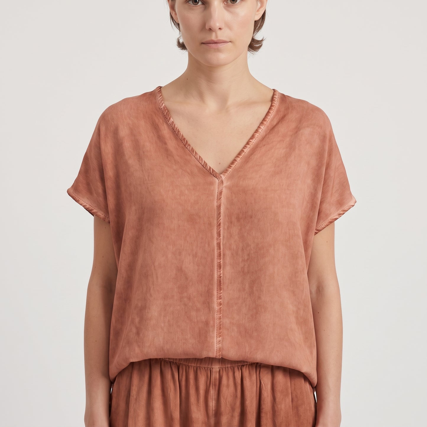 Terracotta Frayed V-Neck Top