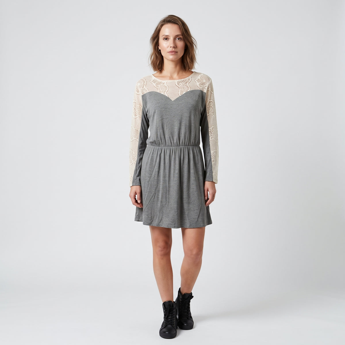 Lace-Paneled Grey Jersey Tunic