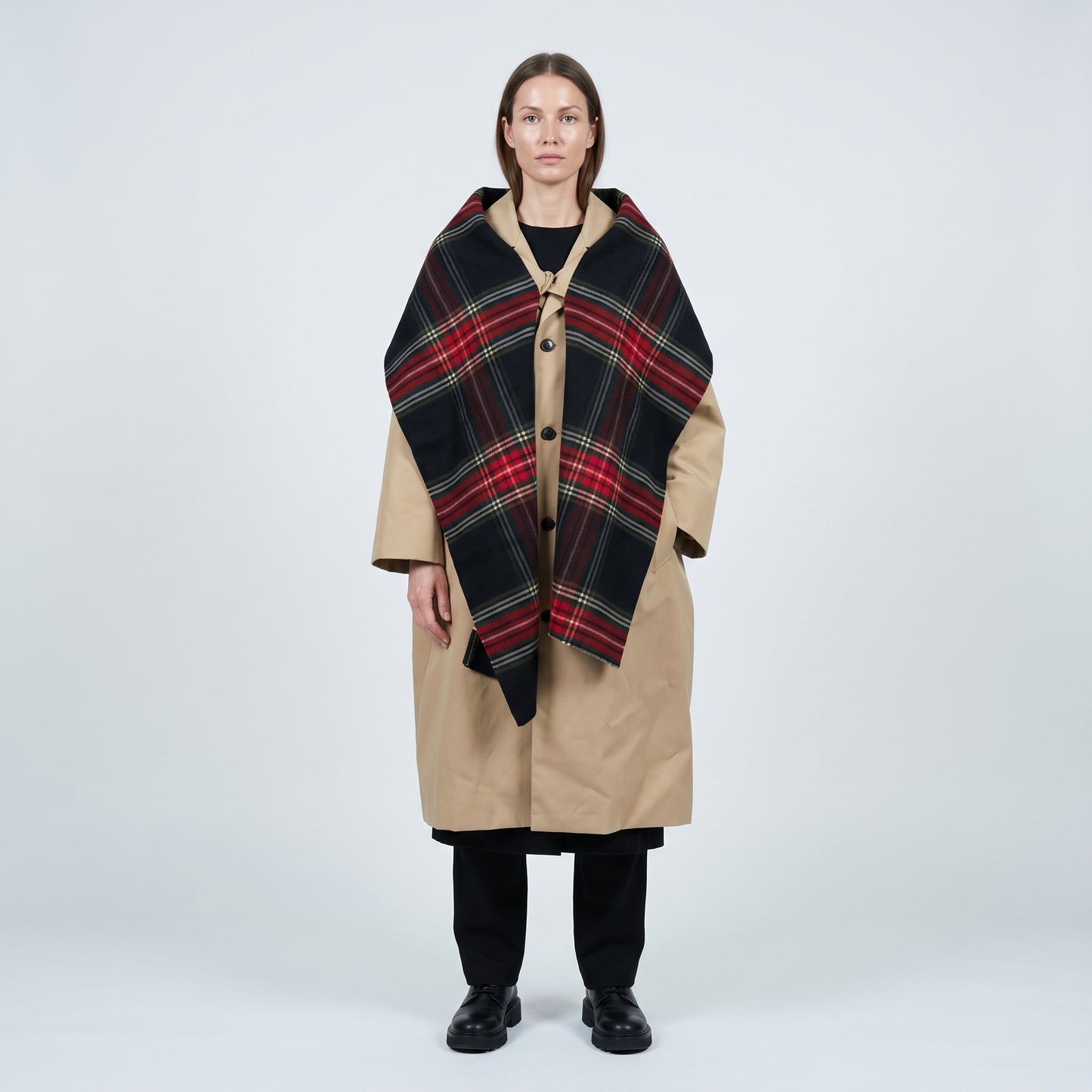 Tartan Paneled Beige Trench Coat