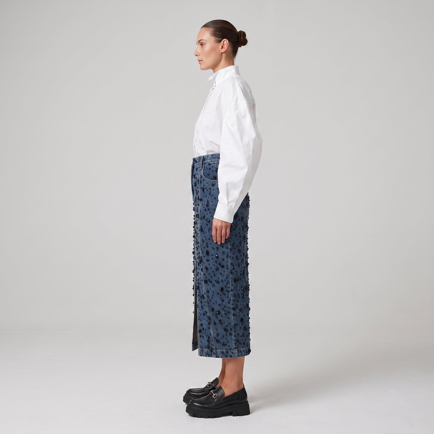Embellished Front-Slit Denim Midi Skirt