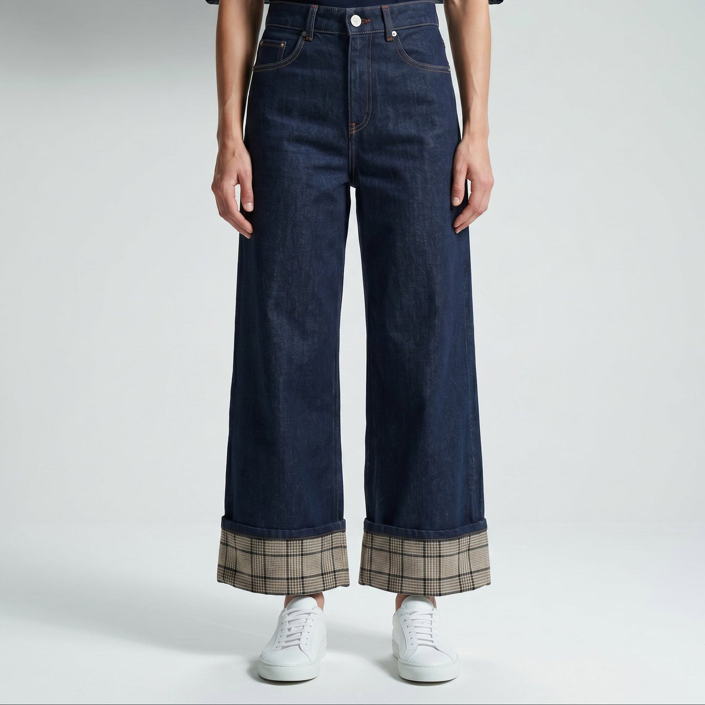 Plaid Cuff Wide Leg Jeans