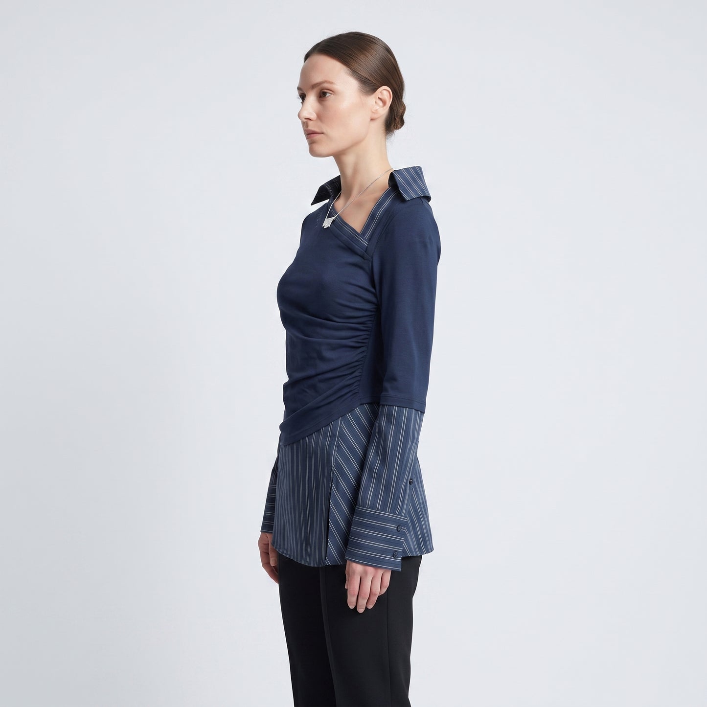 Asymmetric Pinstriped Ruched Blouse