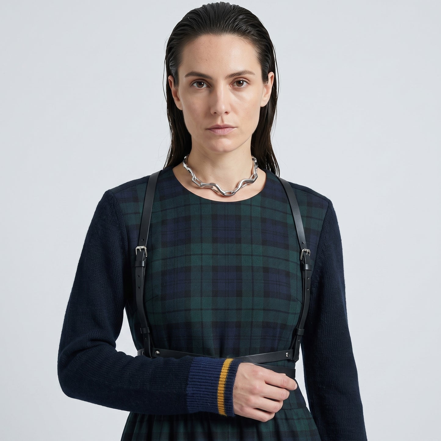 Tartan Paneled Pleated Midi Dress