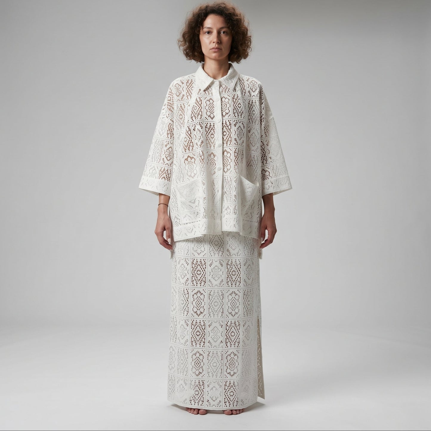 Elegant White Crochet Shirt Jacket