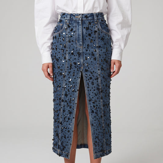 Embellished Front-Slit Denim Midi Skirt