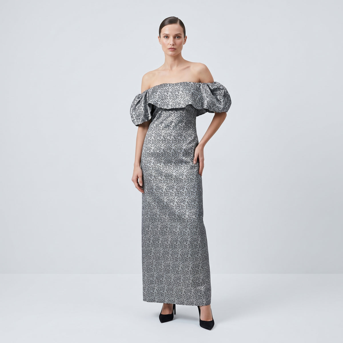 Off-Shoulder Floral Jacquard Dress