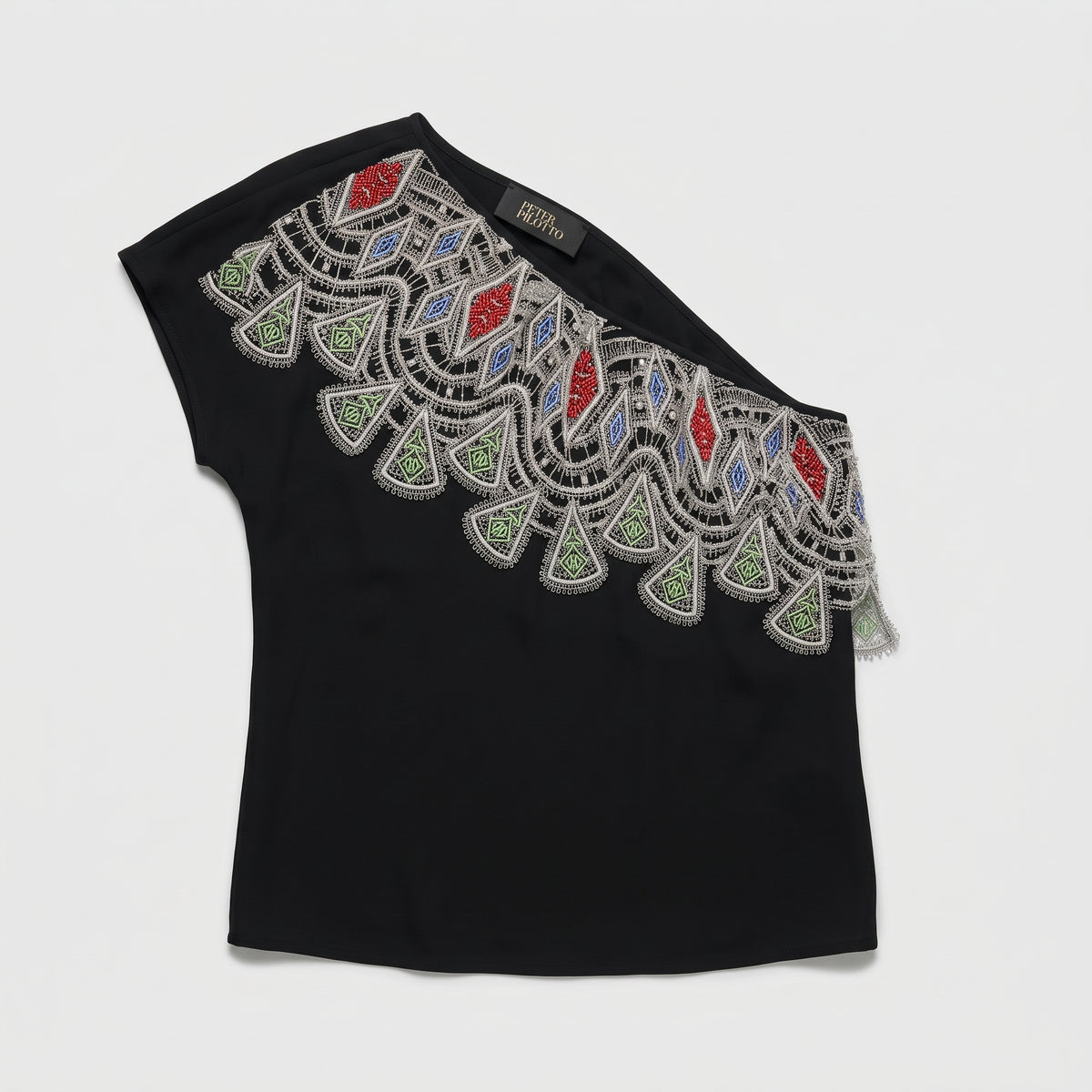 Embellished One-Shoulder Satin Top