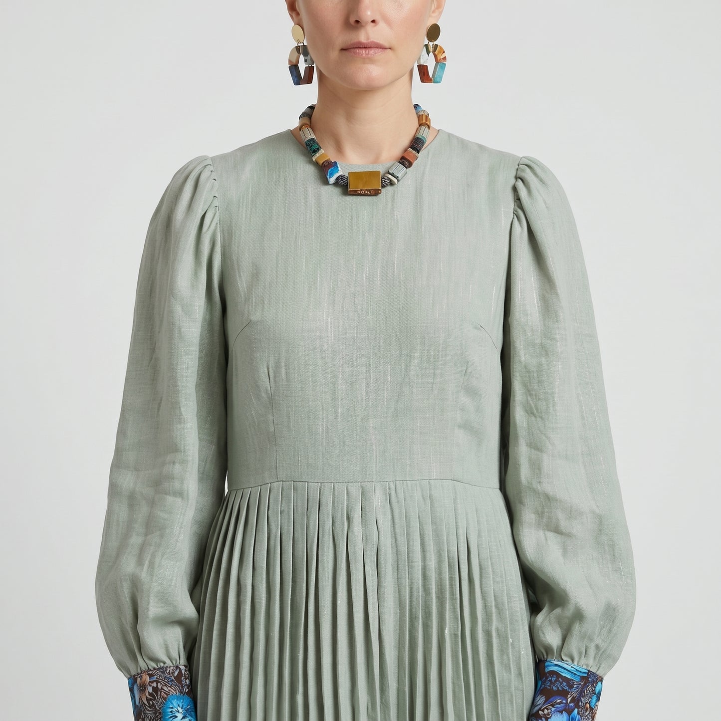 Pleated Linen Floral Midi Dress