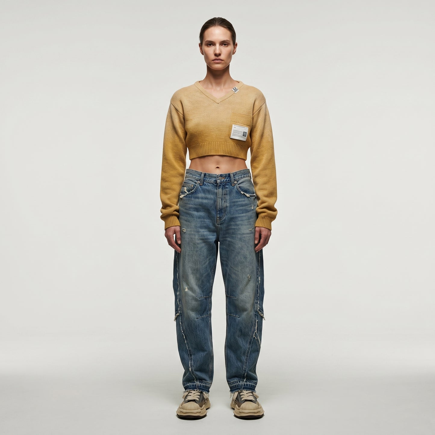 Cropped V-Neck Knit Sweater