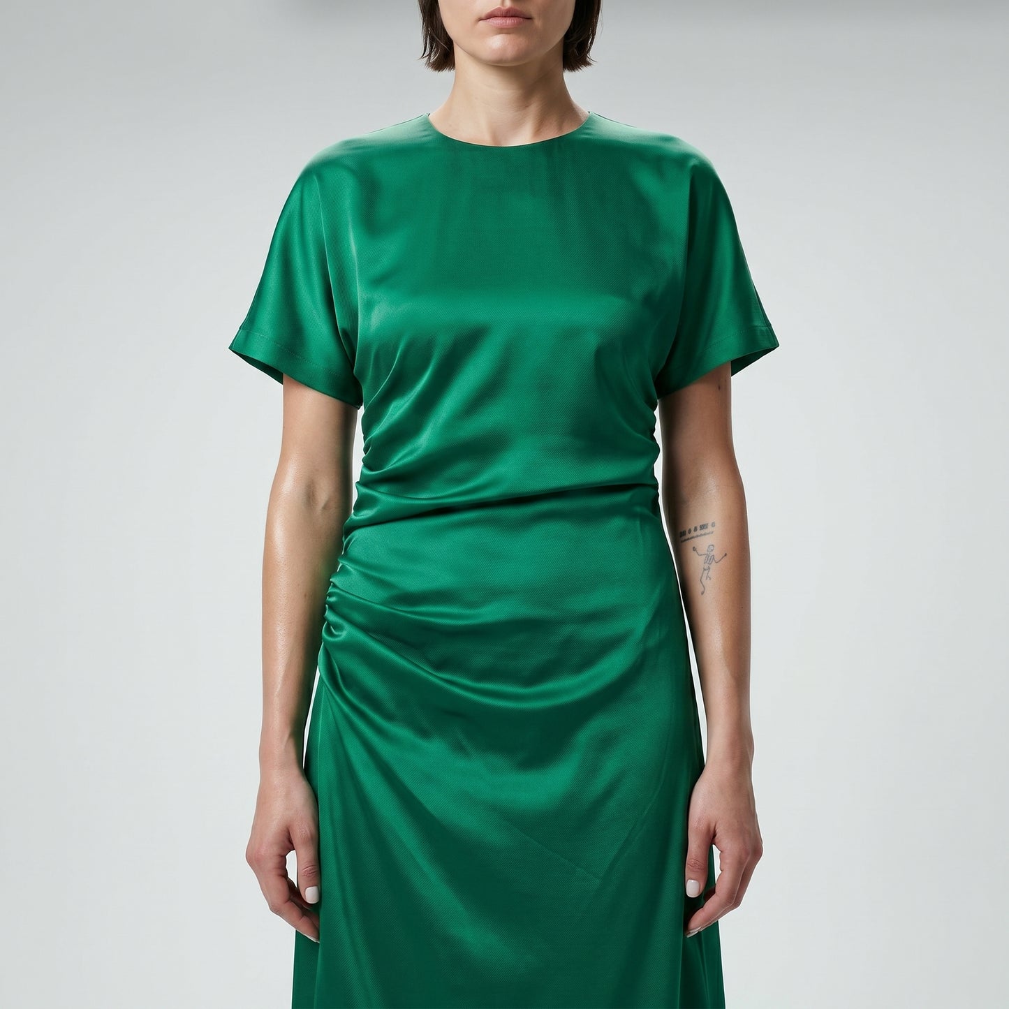 Emerald Ruched Satin Midi Dress