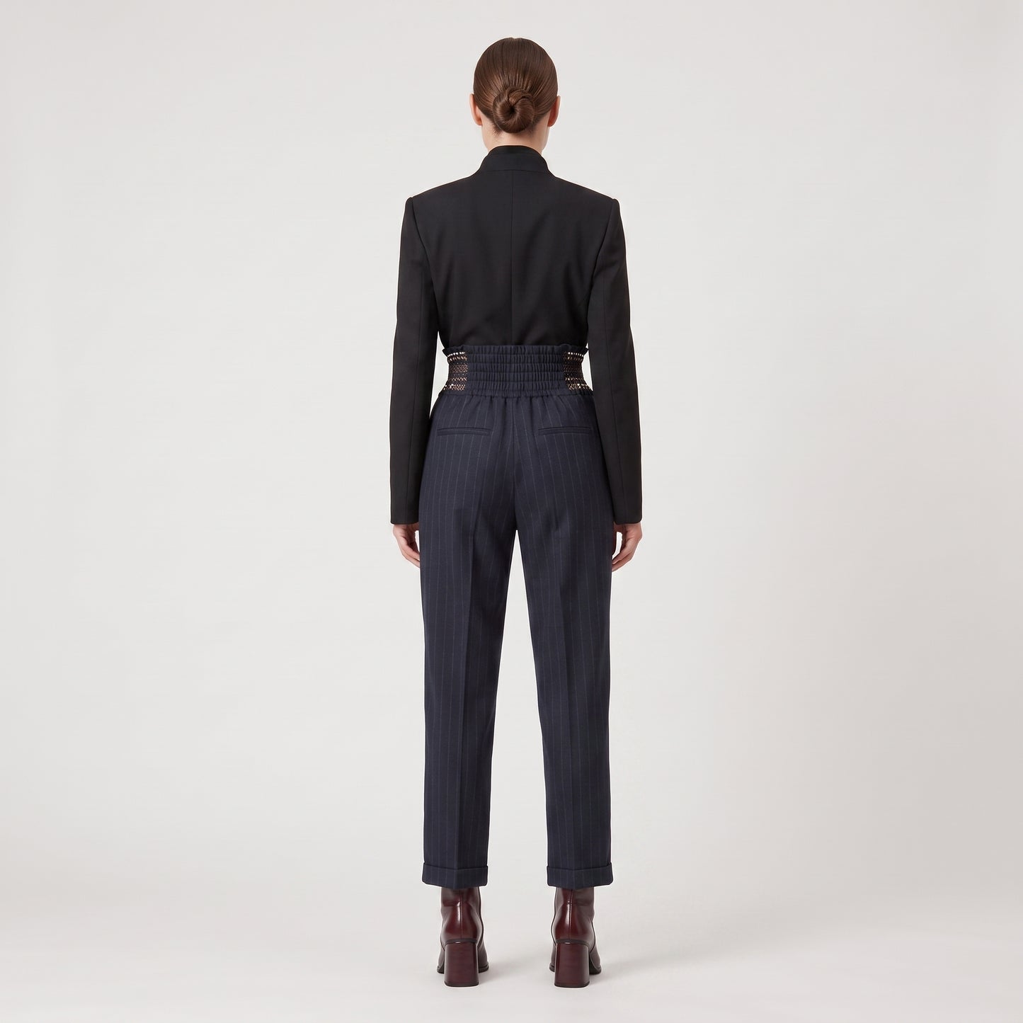 Pinstripe Embroidered High-Waisted Trousers