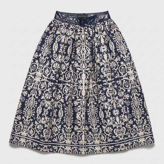 Damask Print Pleated Midi Skirt