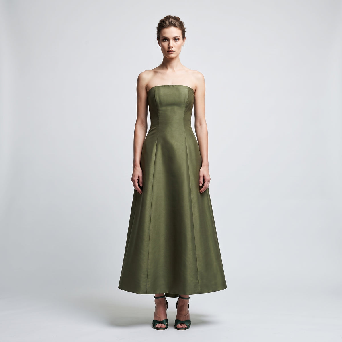 Structured Strapless Olive Midi Dress