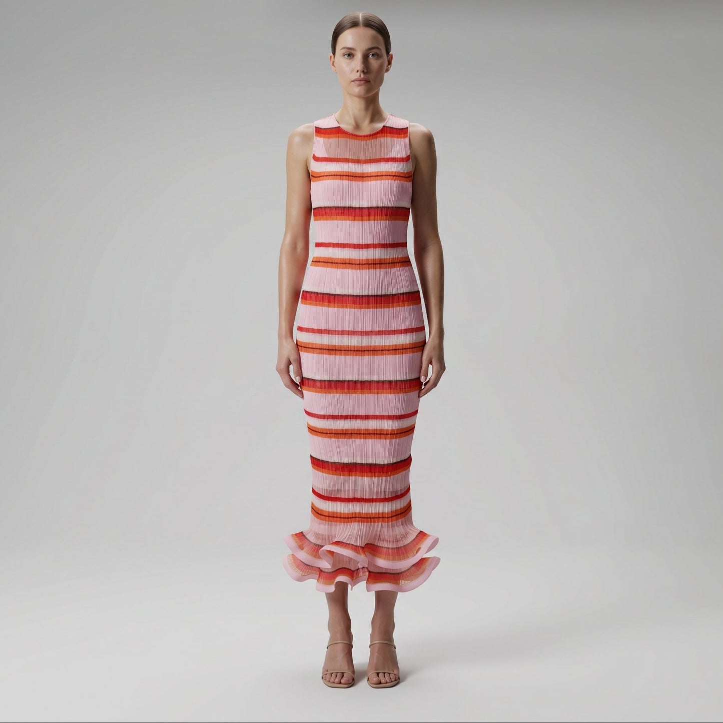 Striped Pleated Ruffle Hem Dress
