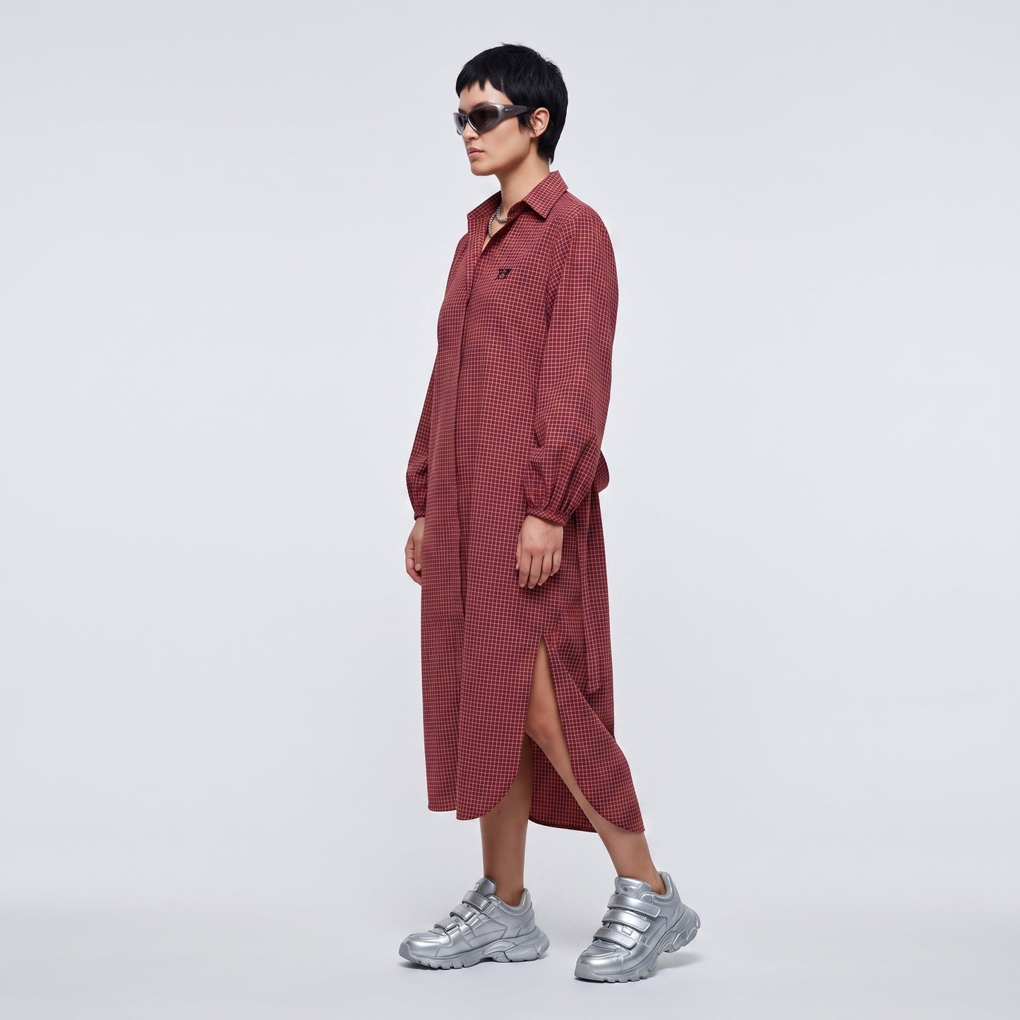 Checkered Longline Tie-Neck Dress