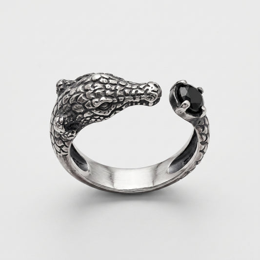 Oxidized Silver Crocodile Statement Ring