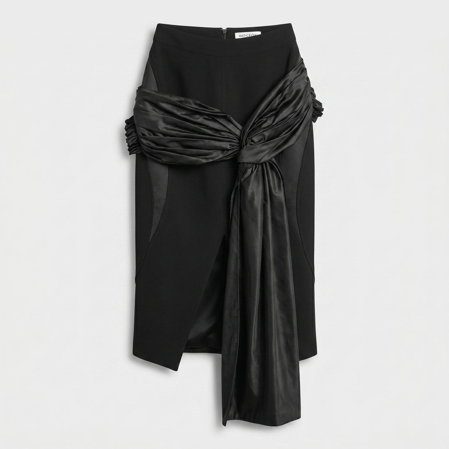 Sculptural Draped Black Midi Skirt