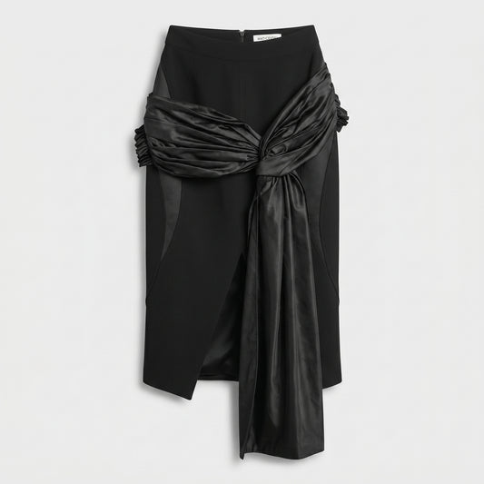 Sculptural Draped Black Midi Skirt