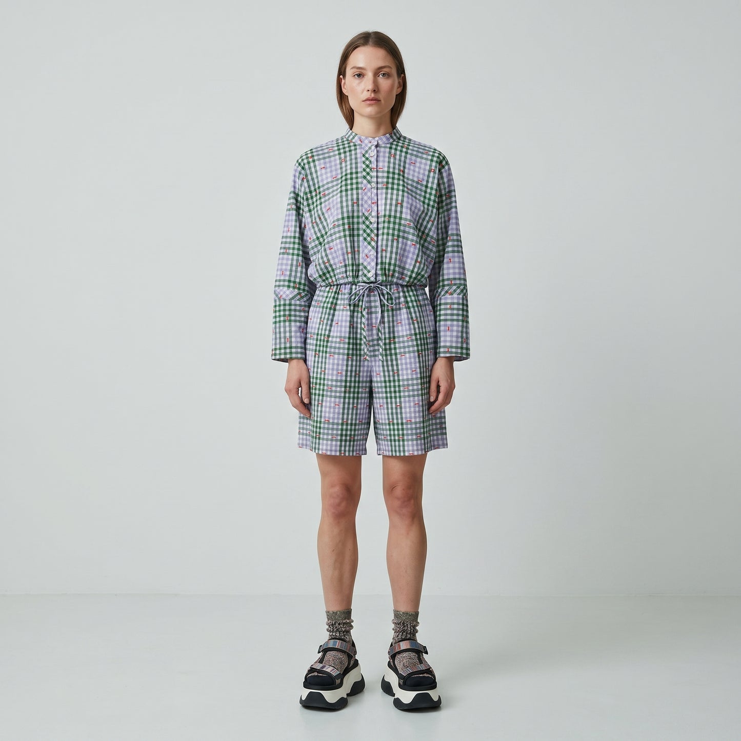 Checked Checkered Drawstring Blouse