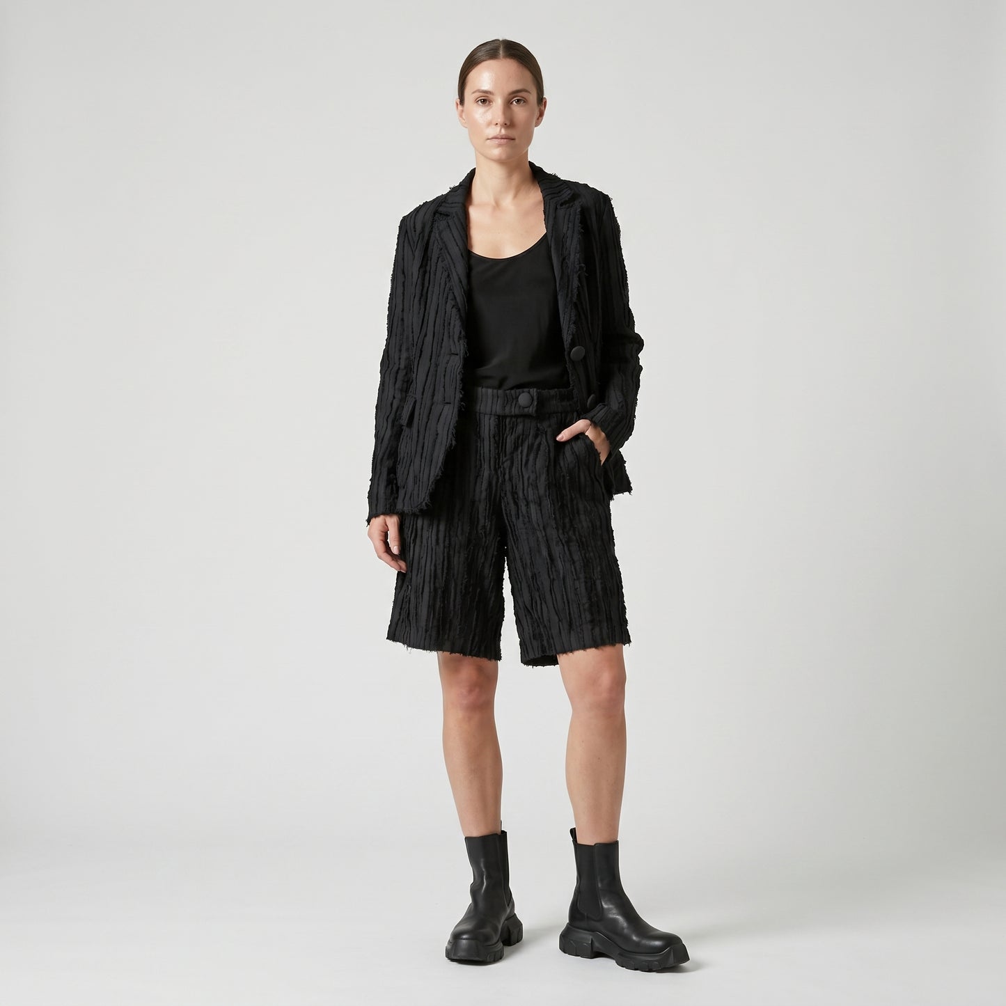 Textured Fringed Black Shorts