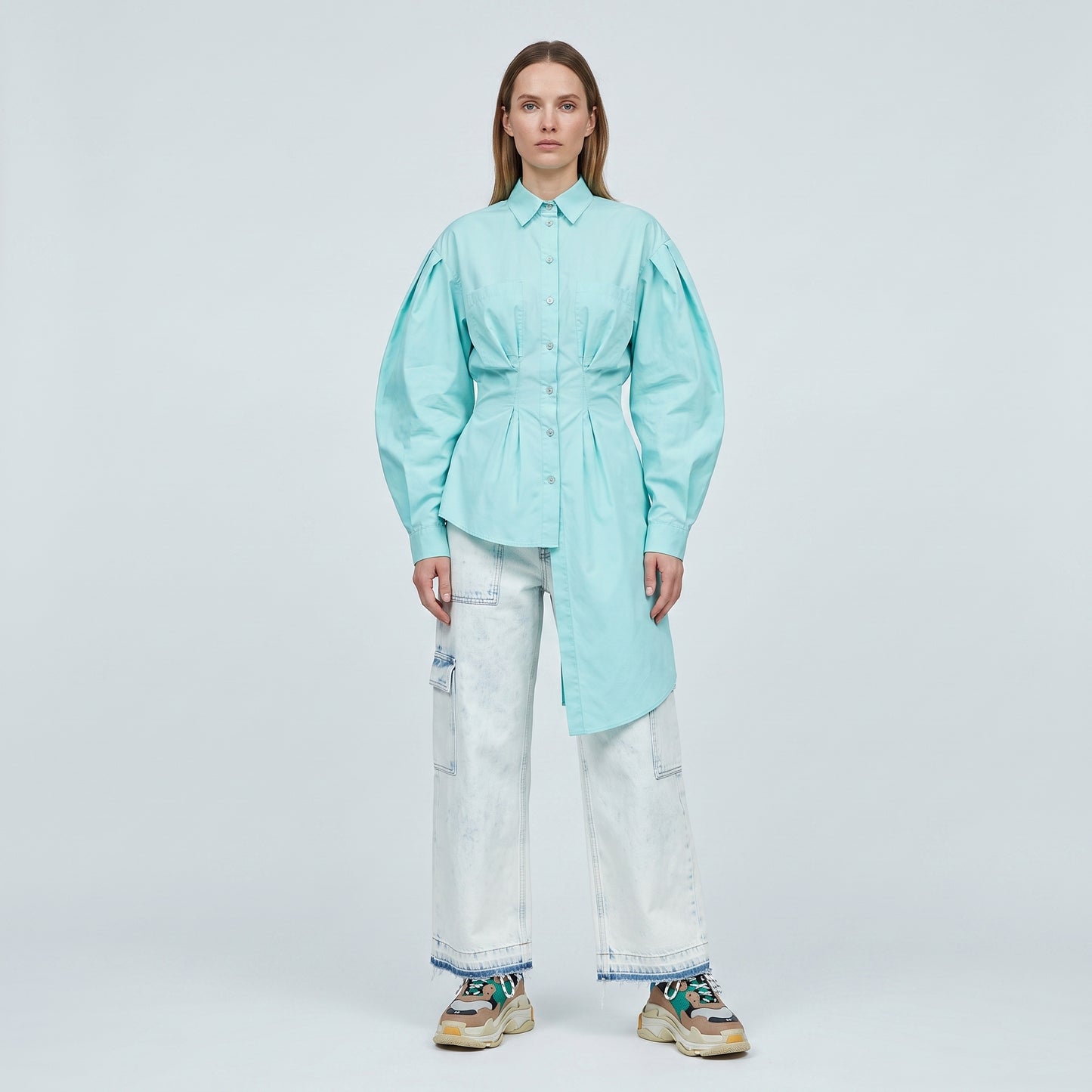 Asymmetric Pleated Cotton Poplin Shirt