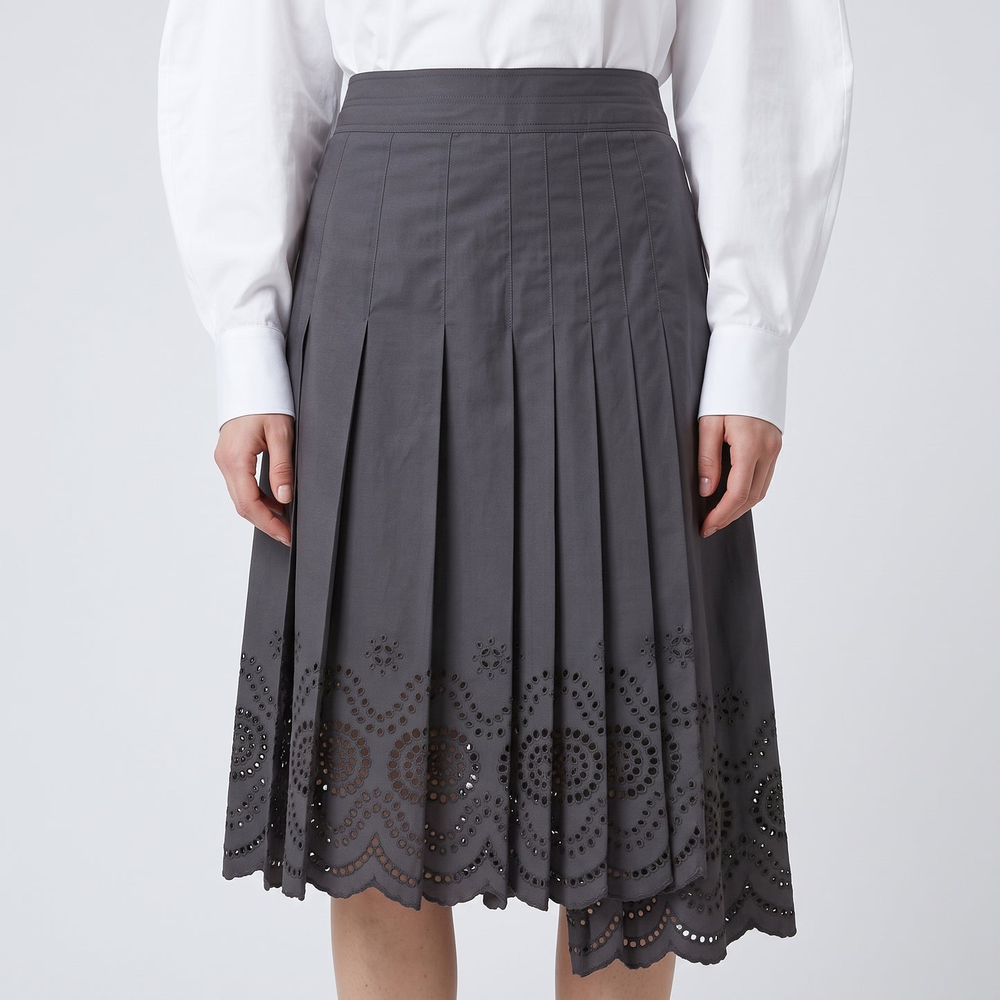 Pleated Eyelet Cotton Midi Skirt