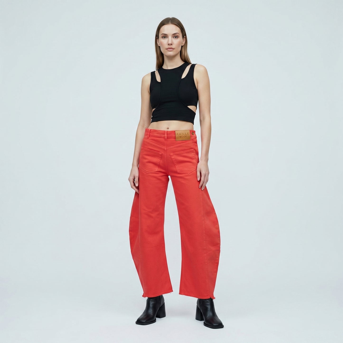 Red Curved Wide Leg Jeans