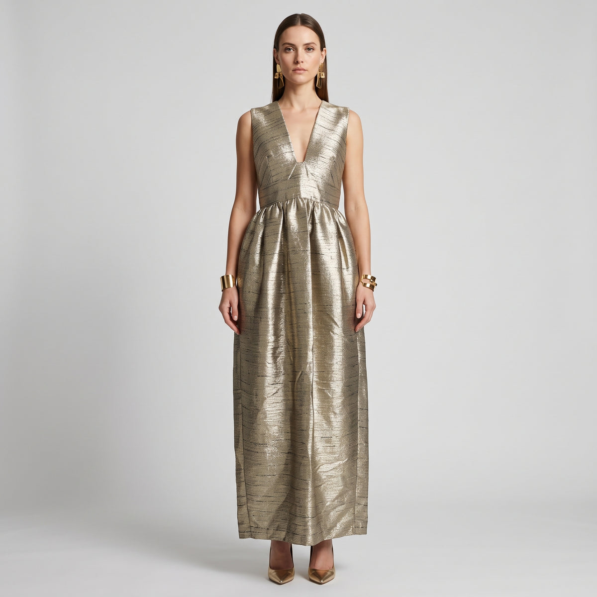 Metallic V-Neck Fit Flare Dress