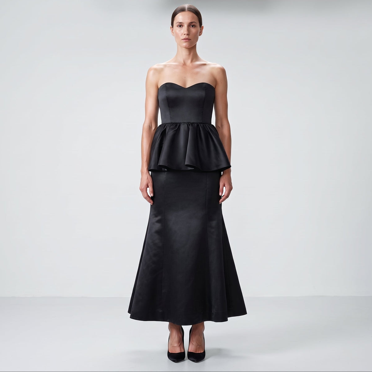 Strapless Peplum Evening Gown