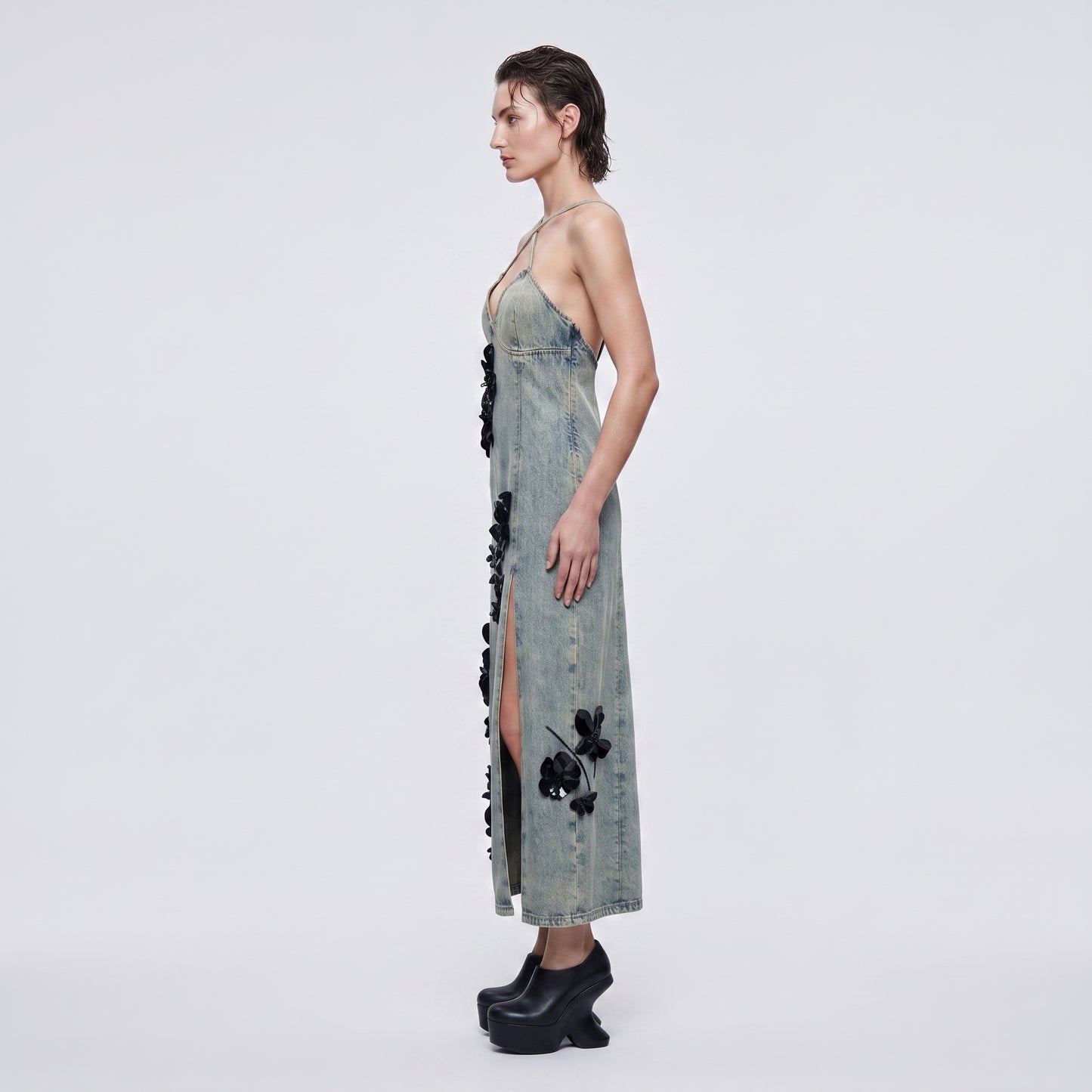 Floral Embellished Denim Midi Dress
