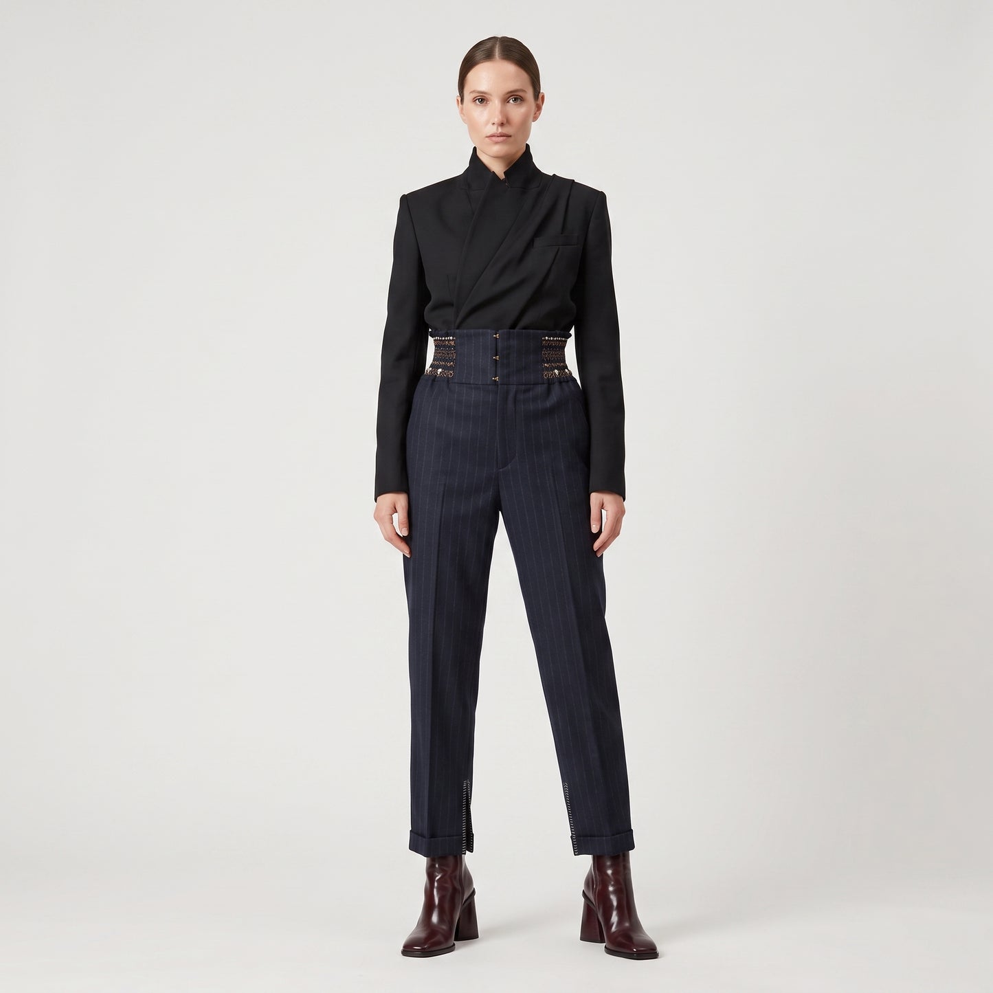 Pinstripe Embroidered High-Waisted Trousers