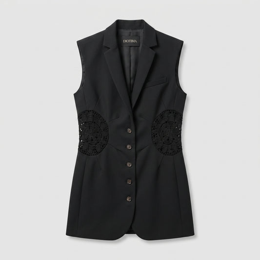 Tailored Lace-Paneled Black Vest