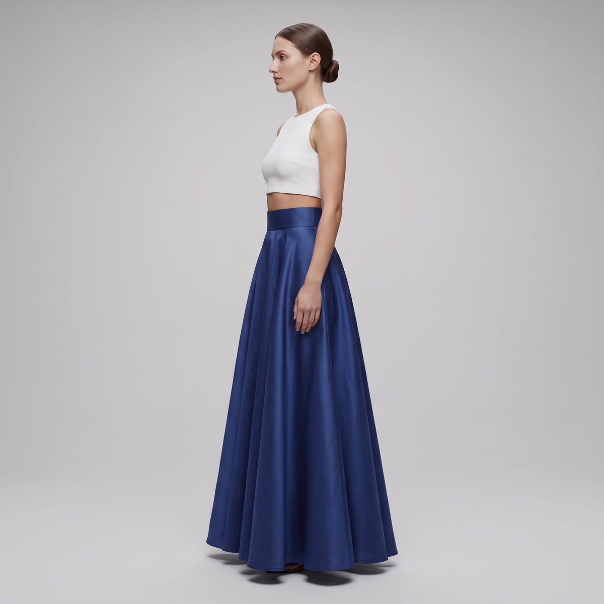 Elegant Navy Satin Midi Skirt