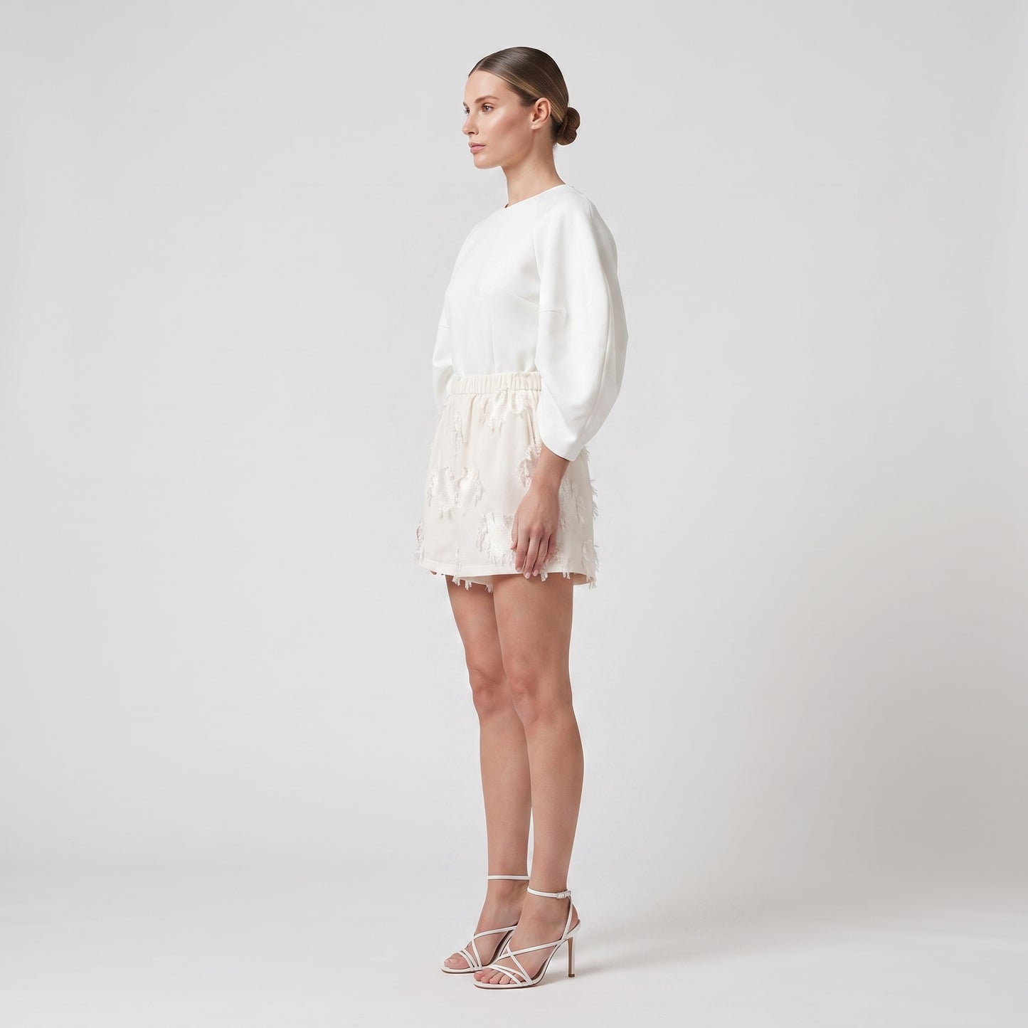 Textured Ivory Elastic Waist Shorts