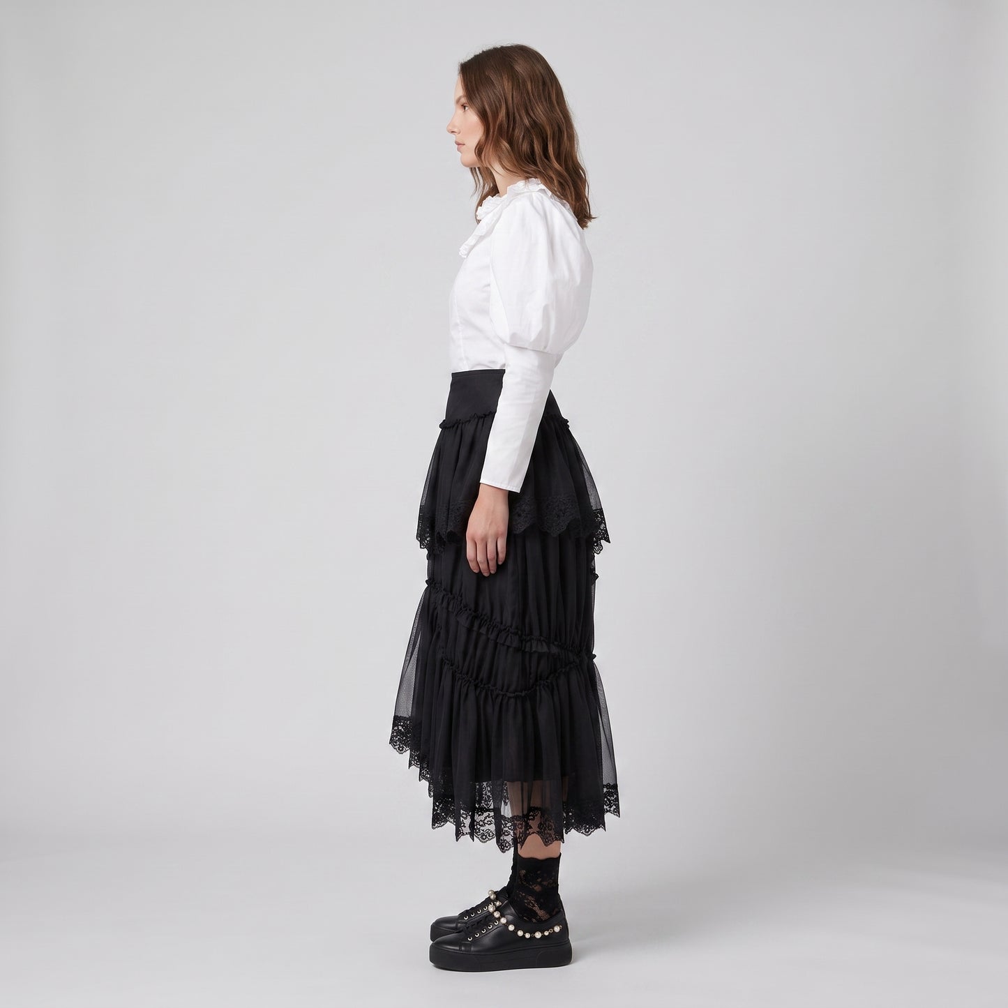 Tiered Tulle Lace Midi Skirt