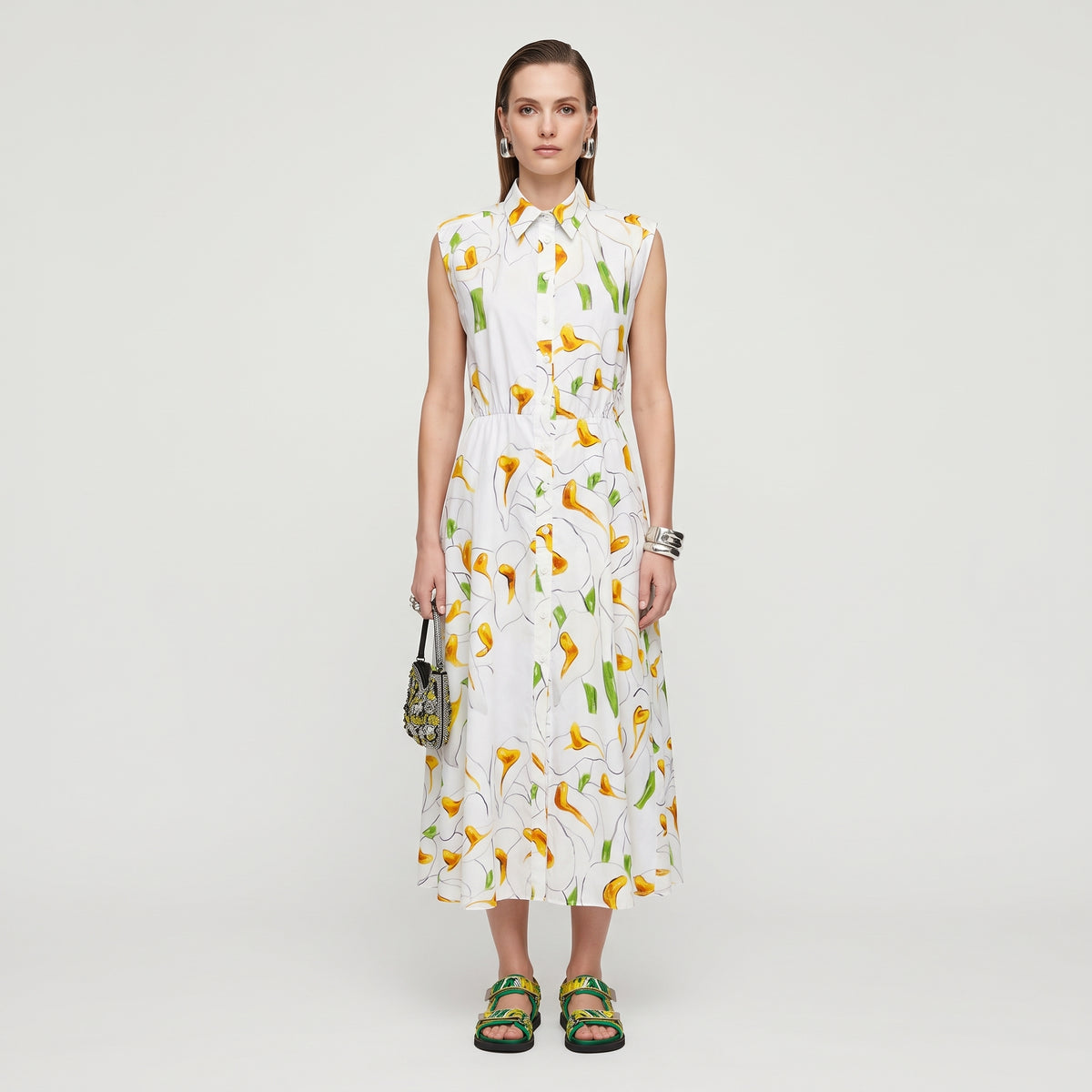 Floral Print Sleeveless Shirt Dress