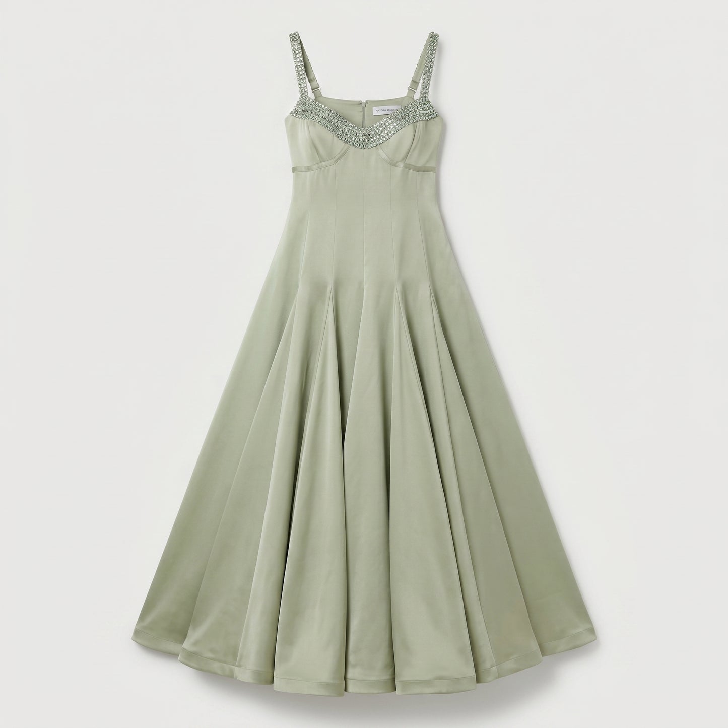 Embellished Sage Satin Midi Dress