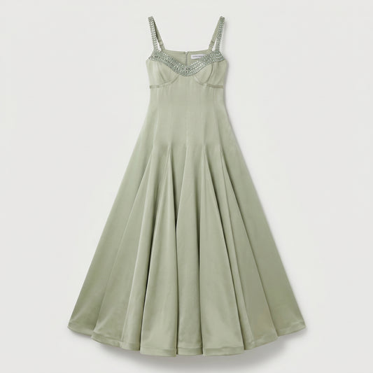 Embellished Sage Satin Midi Dress