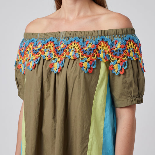 Embroidered Off-Shoulder Panelled Top
