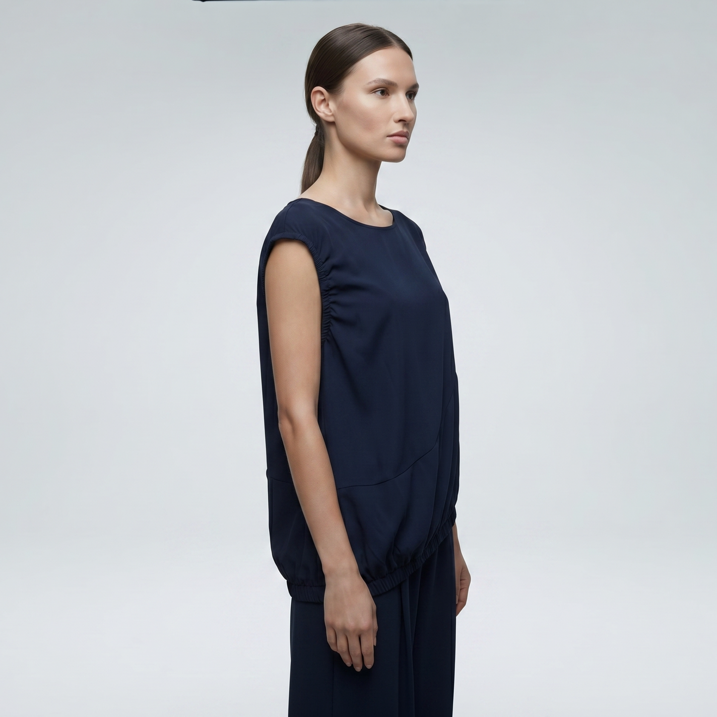 Asymmetric Navy Gathered Shell Top