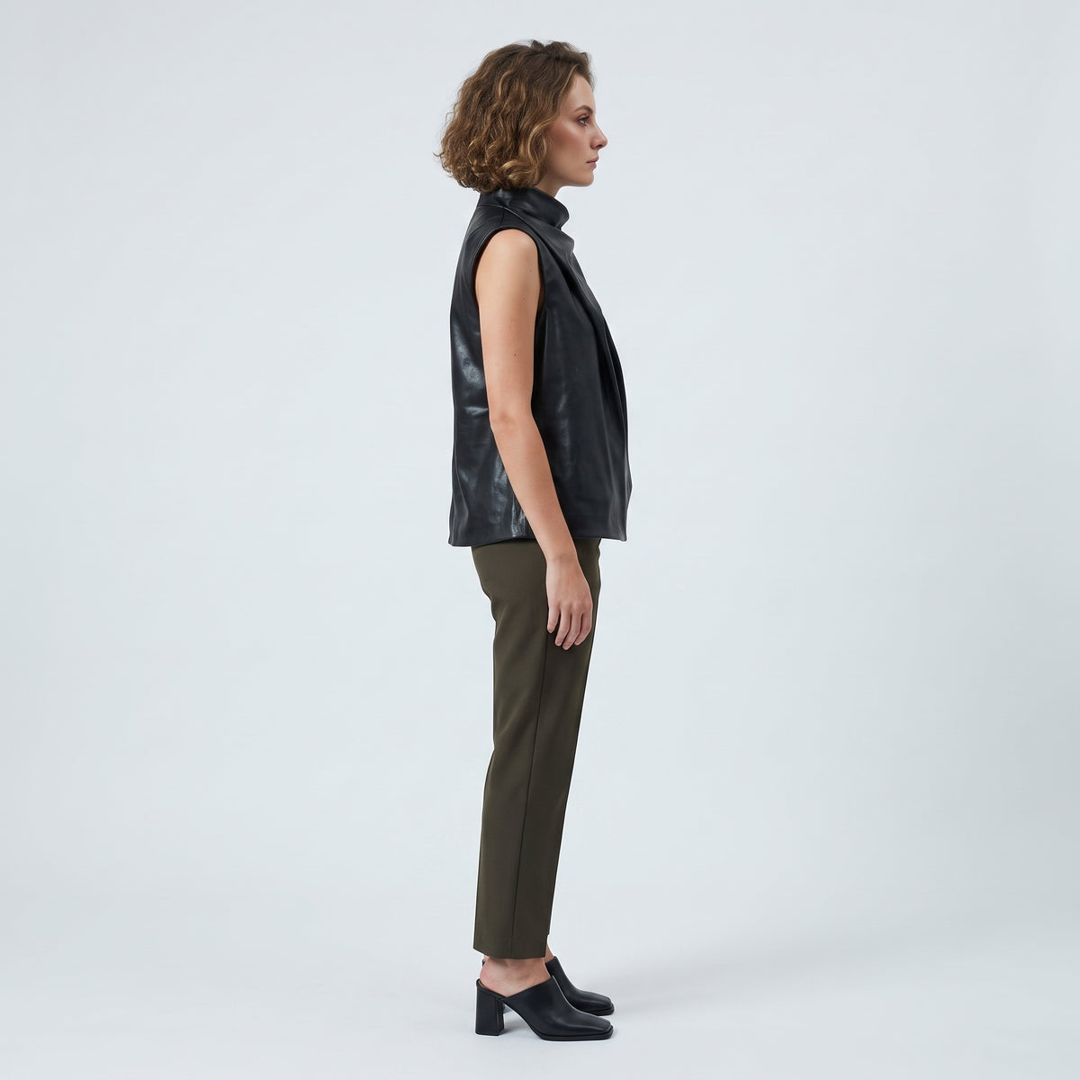 Draped Faux Leather Mockneck Vest