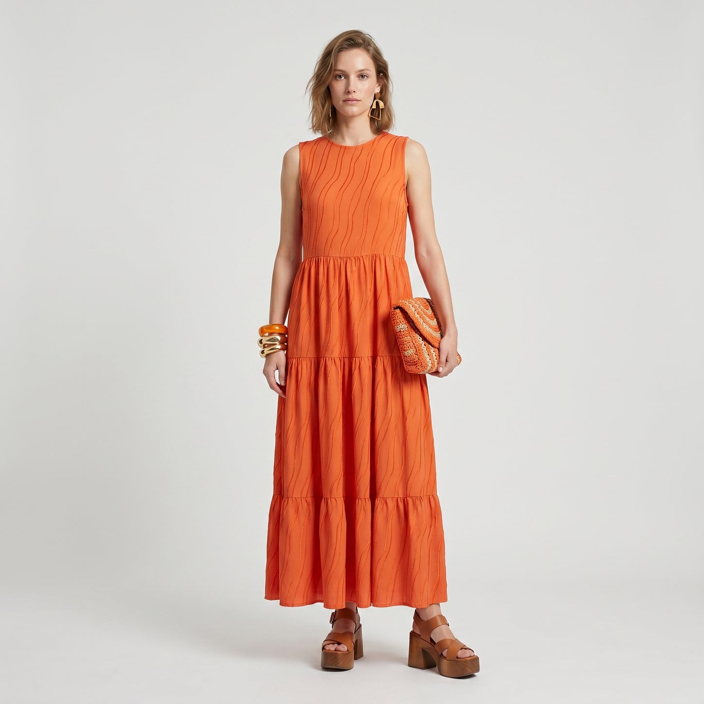 Tiered Orange Sleeveless long Dress