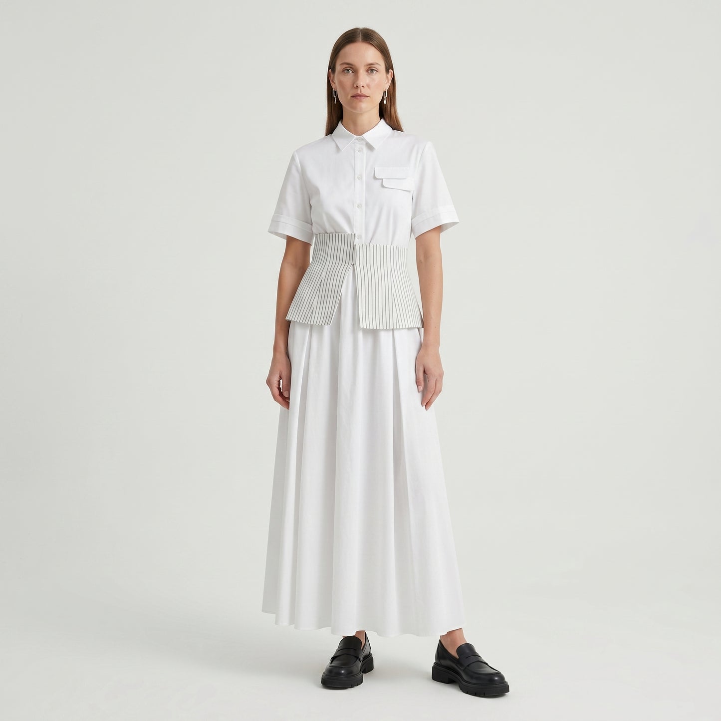 Striped Waist Pleated Shirt Dress