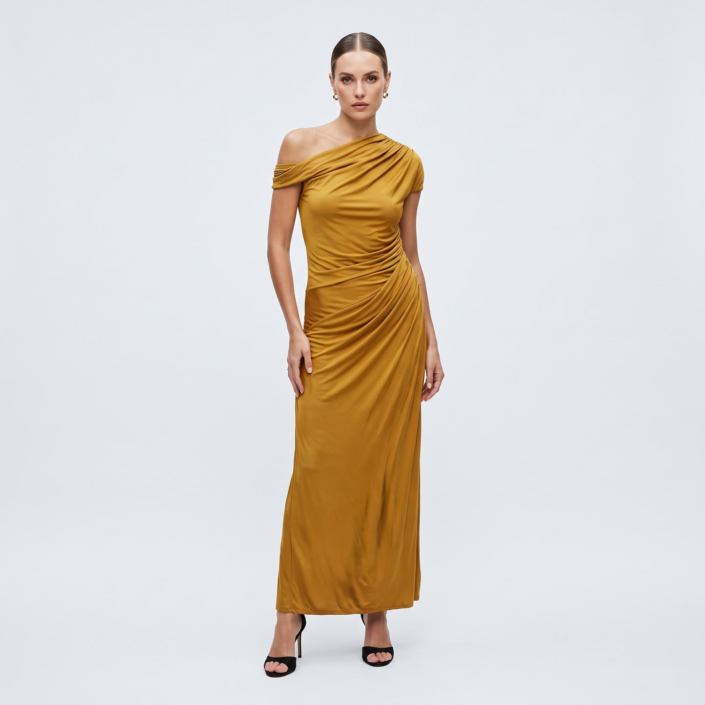One-Shoulder Ruched Mustard Dress
