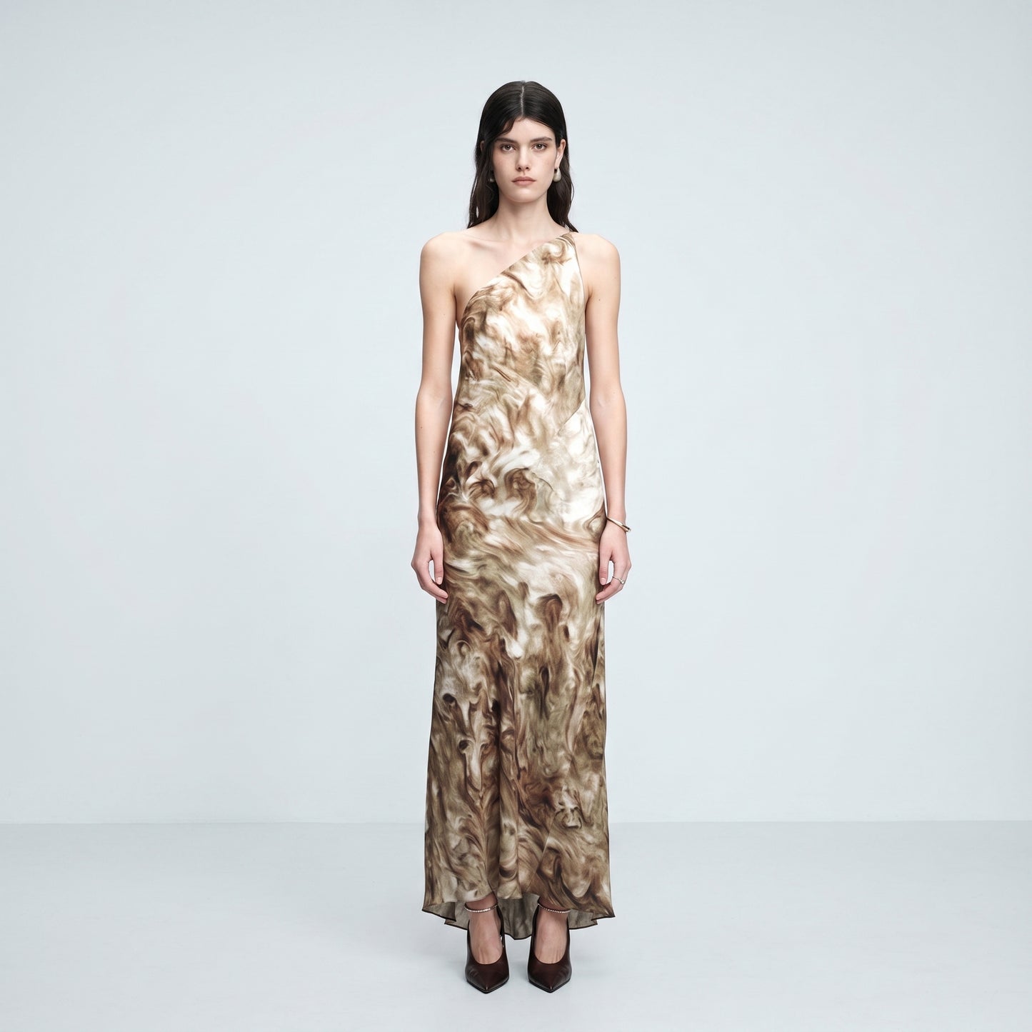 Asymmetric Marble Print Slip Dress